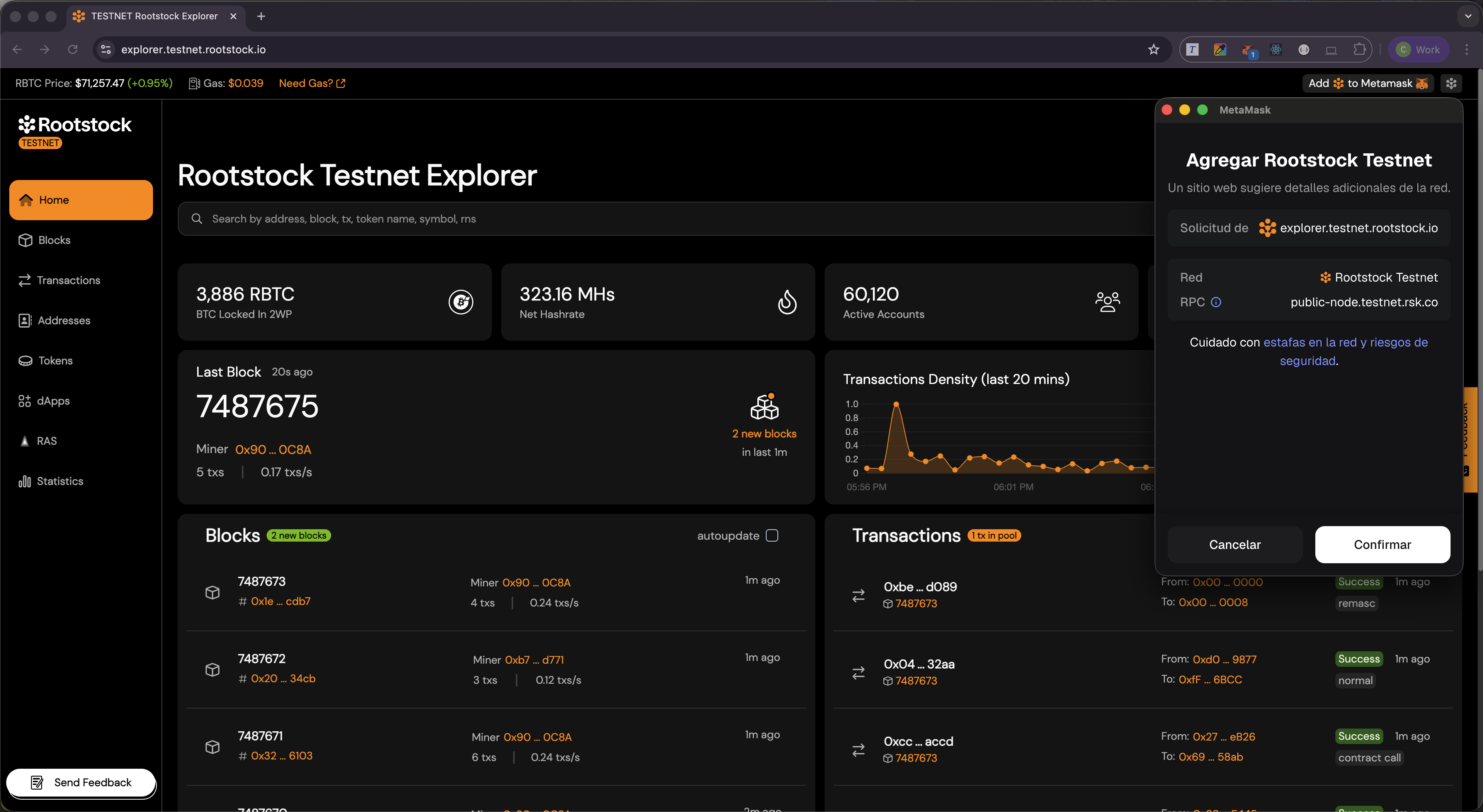 MetaMask network approval dialog showing the Rootstock network details with Approve and Switch network options