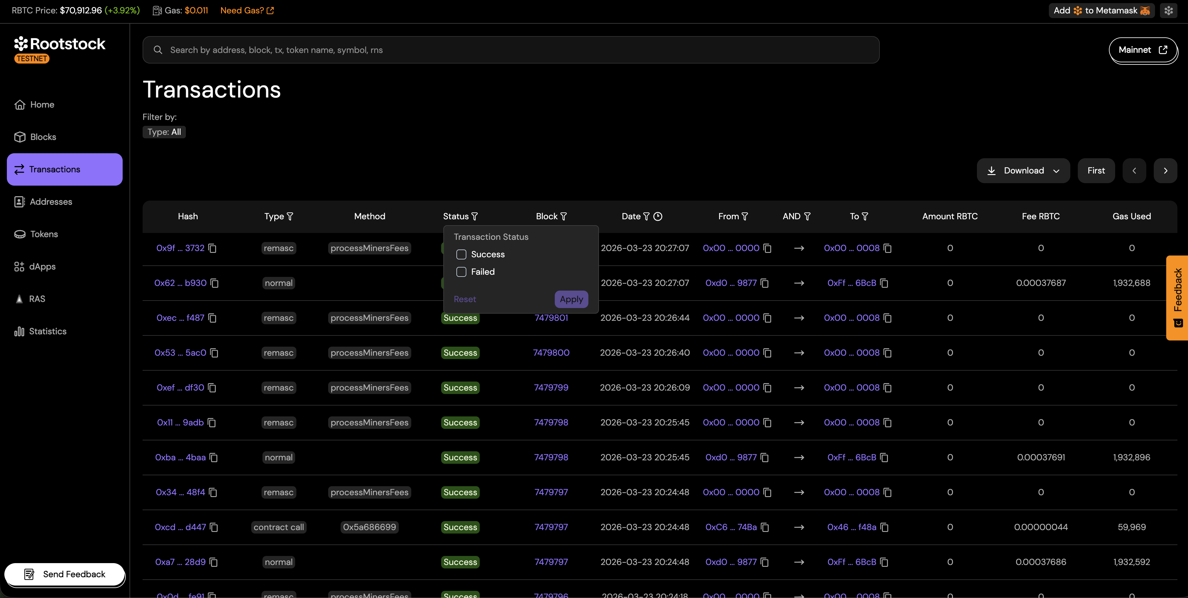 Advanced Transactions Filter: Status